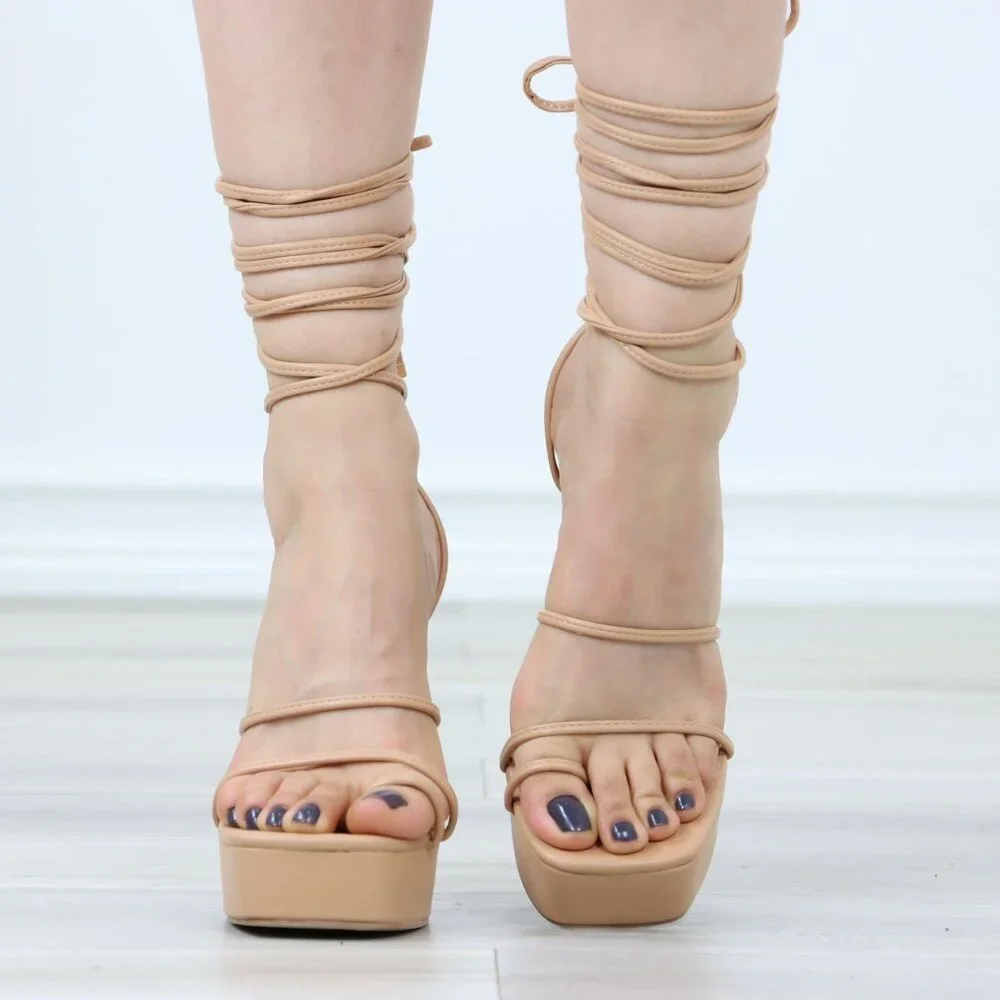 Nude Lace-Up Platform Sandals Block Heel Open Toe Faux Leather Ankle Strap